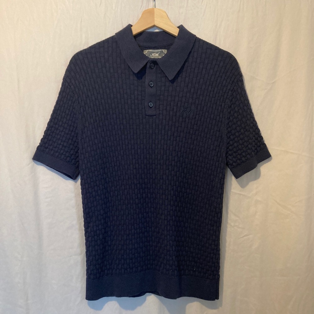 Kith Mens Navy Blue Textured Knit Short Sleeve Polo Shirt XS Script Logo